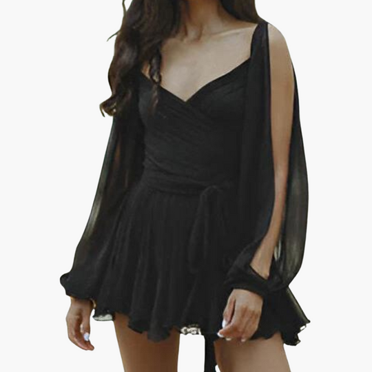Women’s Airy Summer Mini Dress with Tie Waist and Balloon Sleeves