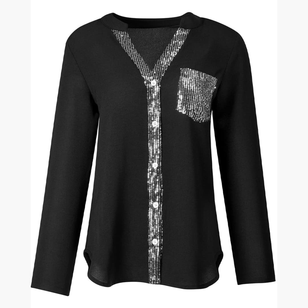 Women’s Long-Sleeve Blouse with V-Neck and Sequins