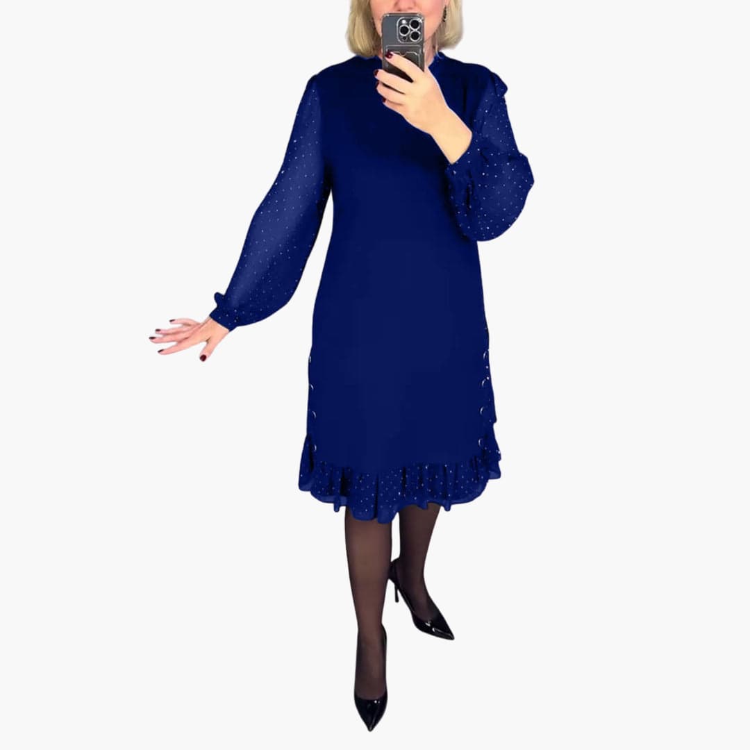 Women's Knee-Length Dress with Sheer Sleeves and Ruffle Hem