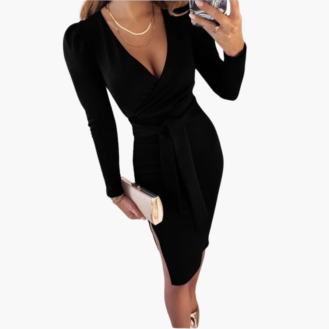 Women’s Bodycon Dress with Waist Tie and V Neck