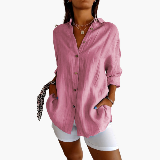 Women’s Long Blouse with Button-Front and Relaxed Fit