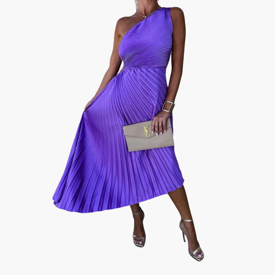 Women's Midi Dress with One-Shoulder Neckline and Pleated Design