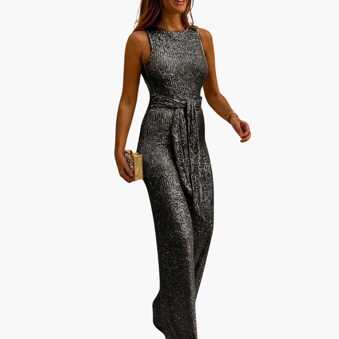 Women's Glitter Jumpsuit with Backless Design and Tie Belt