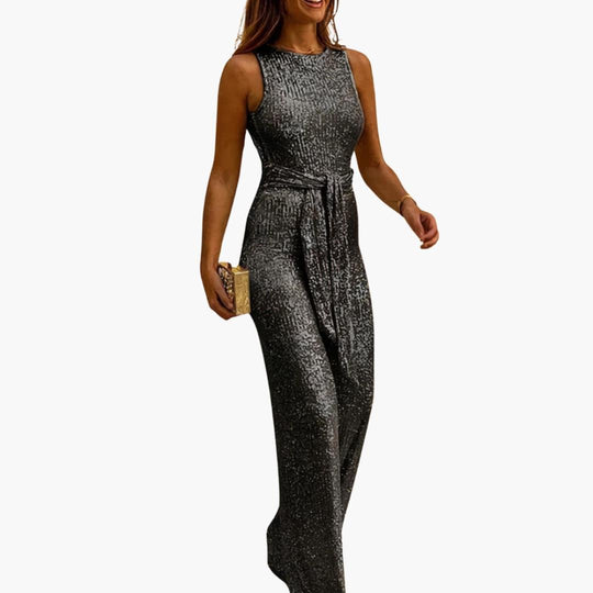 Women's Glitter Jumpsuit with Backless Design and Tie Belt