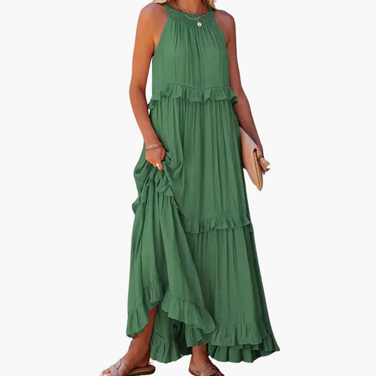 Women’s Maxi Dress with Cascading Ruffle Tiers and Adjustable Straps