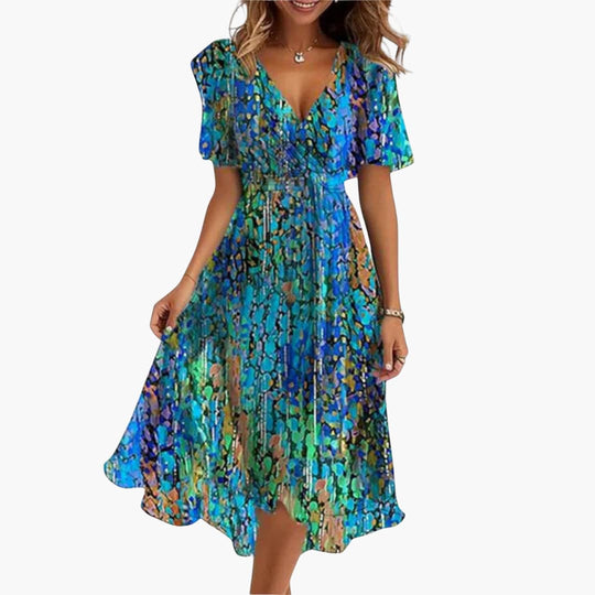 Women’s Midi Dress with Flutter Sleeves and High-Low Hem