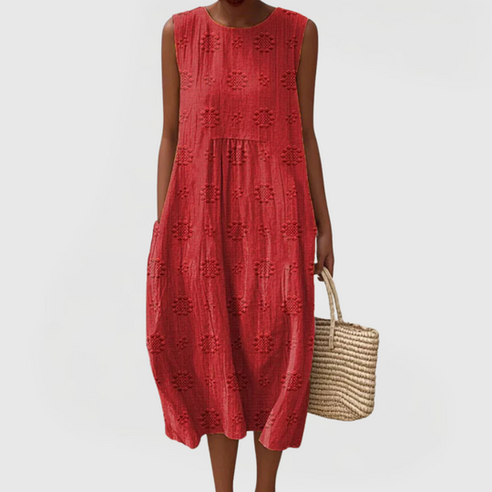 Women's Elegant Dress with Pockets and Floral Embroidery