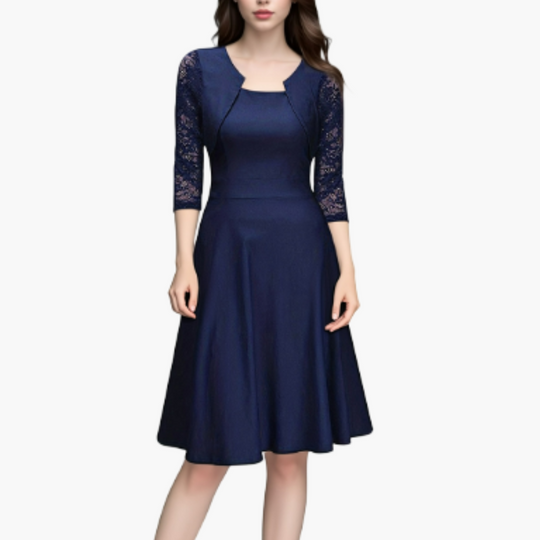 Women’s A - Line Dress with Lace Sleeves and Flared Skirt