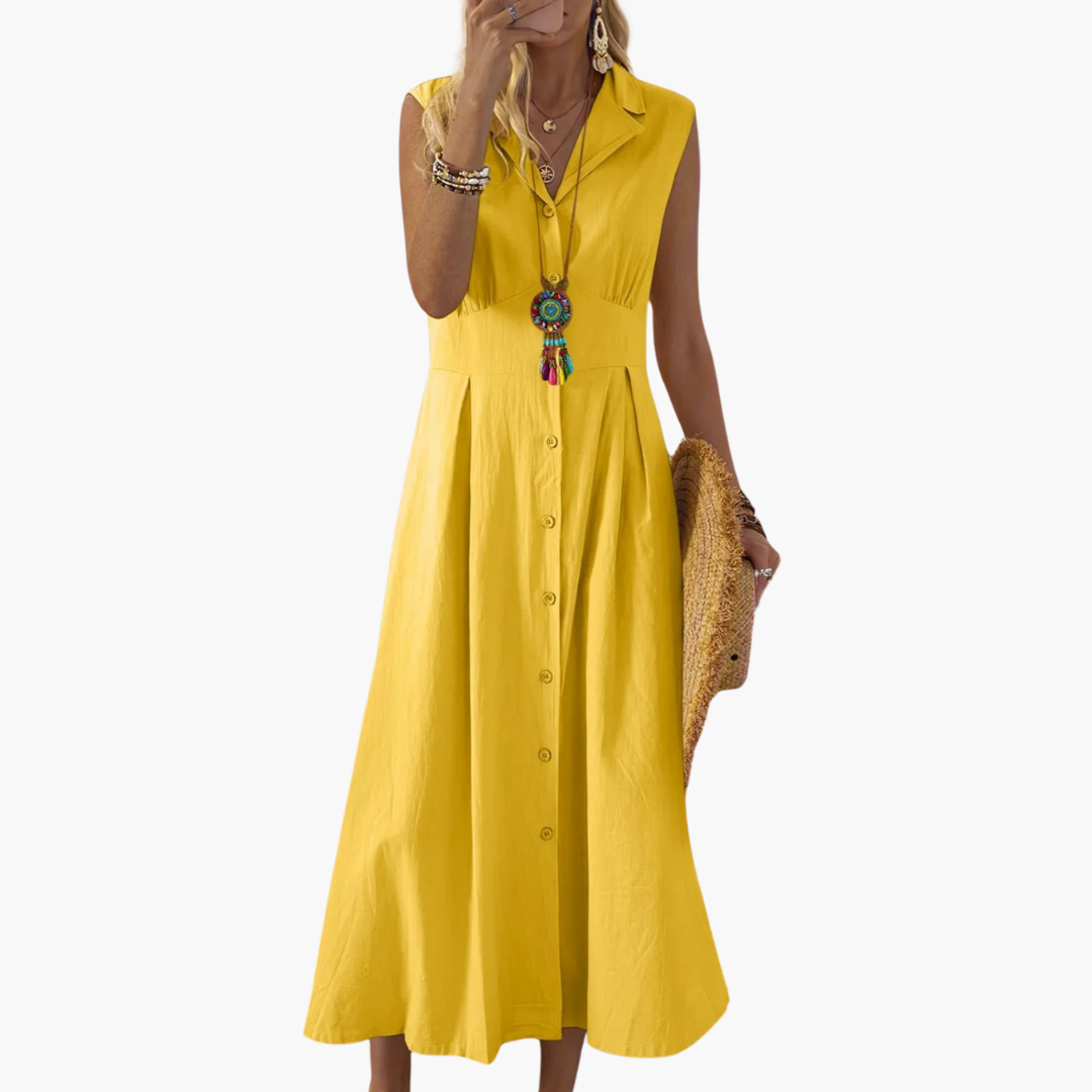 Button-Down Collared Midi Dress – Women's V-Neck Summer Style - Made by Jessica