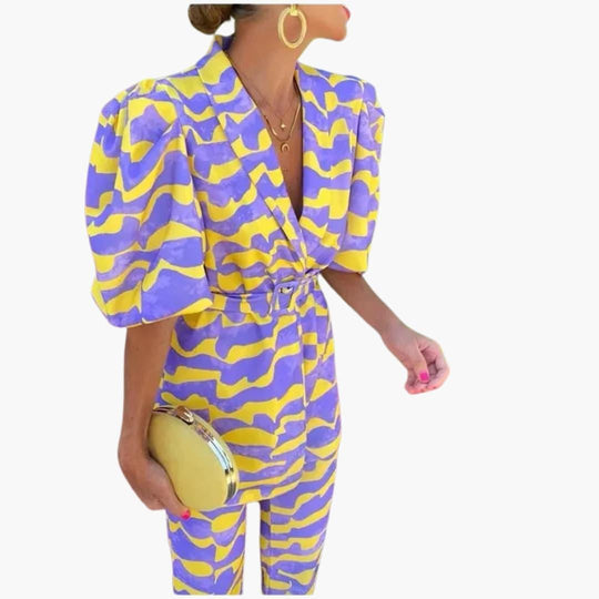 Women's Two-Piece Set with Blazer-Style Top and Printed Trousers