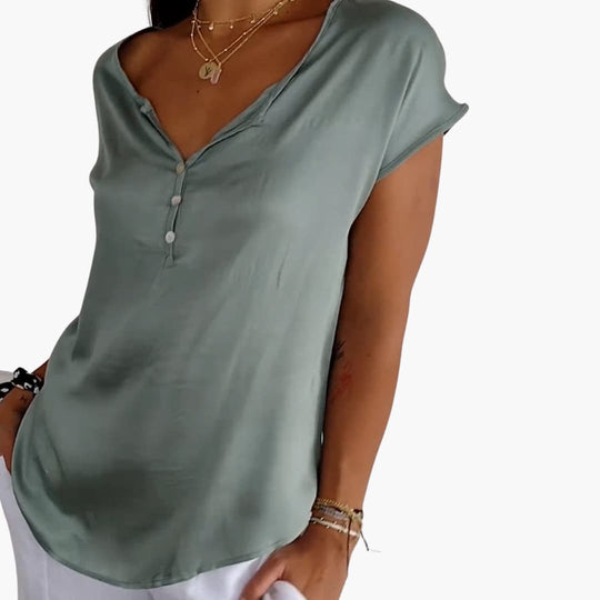 Women’s Short-Sleeve Top with V-Neck and Buttons