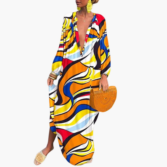 Women’s Maxi Dress with Deep V‑Neck and Long Sleeves