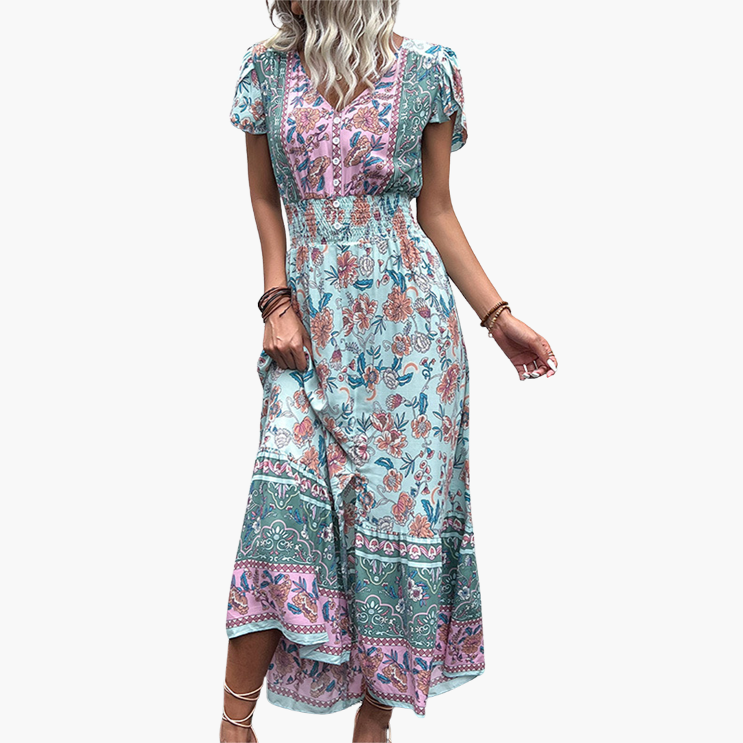 Women’s Midi Dress with V‑Neckline and Elastic Waist