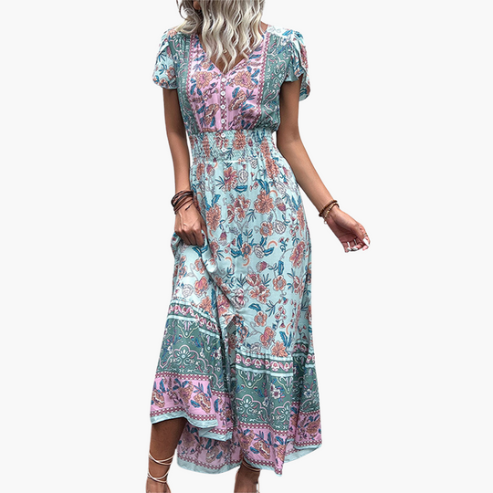 Women’s Midi Dress with V‑Neckline and Elastic Waist