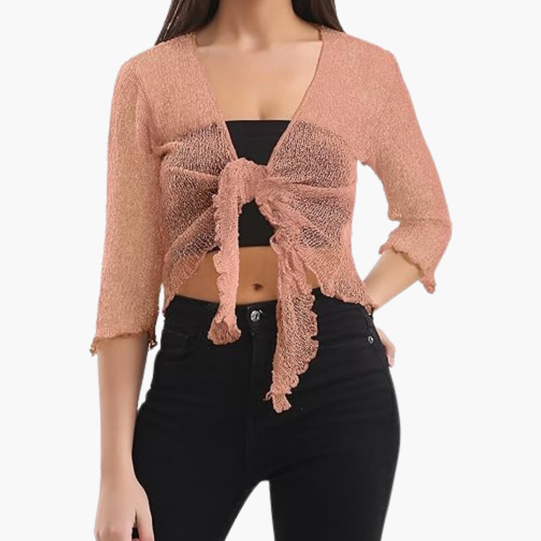 Women's Tie-Up Bolero Top with Sheer Fishnet Knit and Three-Quarter Sleeves
