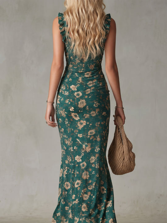 Cilla | Smocked Bodice Ruffle Strap High Slit Midi Dress