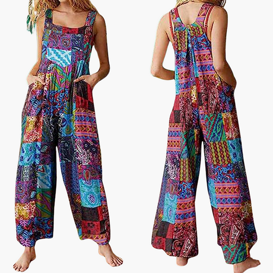 Women’s Patchwork Jumpsuit with Sleeveless Design and Wide-Leg Cut