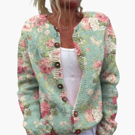 Women’s Floral  Cardigan with Long Sleeves and Ribbed Hem