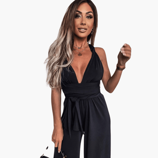 Women's V-Neck Jumpsuit with Wide-Leg Cut and Belt Tie at Waist
