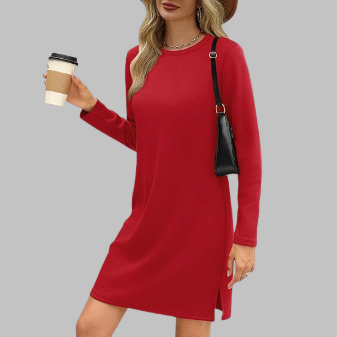 Women's Casual Mini Dress with Long Sleeves and Round Neck
