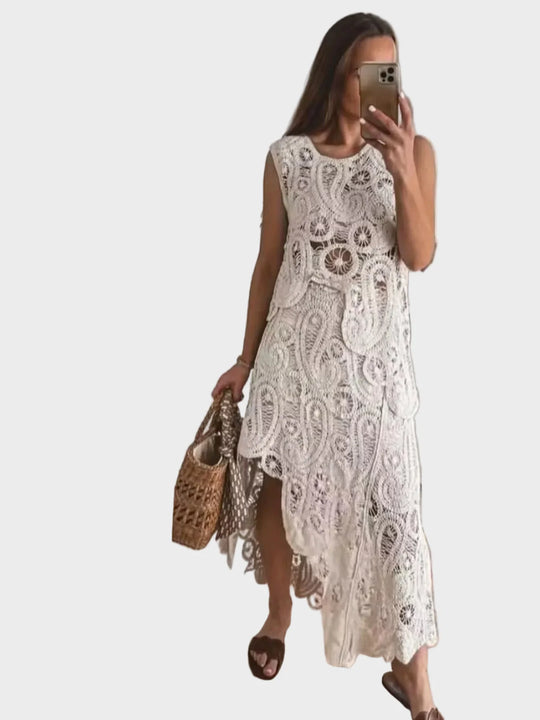 Women's Crochet Sleeveless Tank and Skirt Set with Openwork Design and Asymmetrical Hem