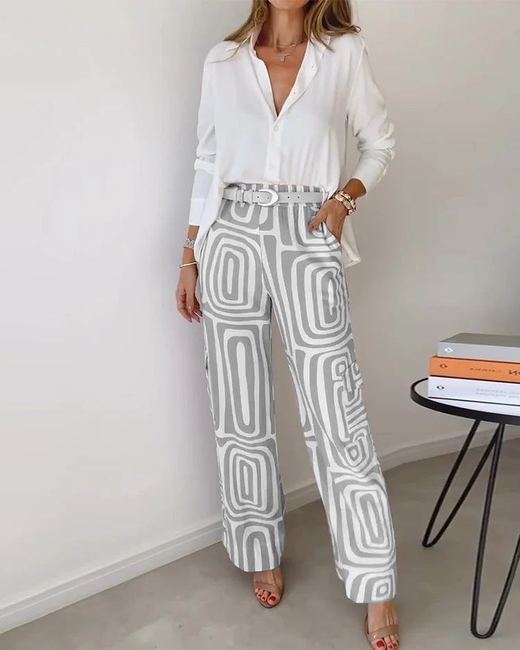 Women's Two-Piece Set with Geometric Print and Free Belt