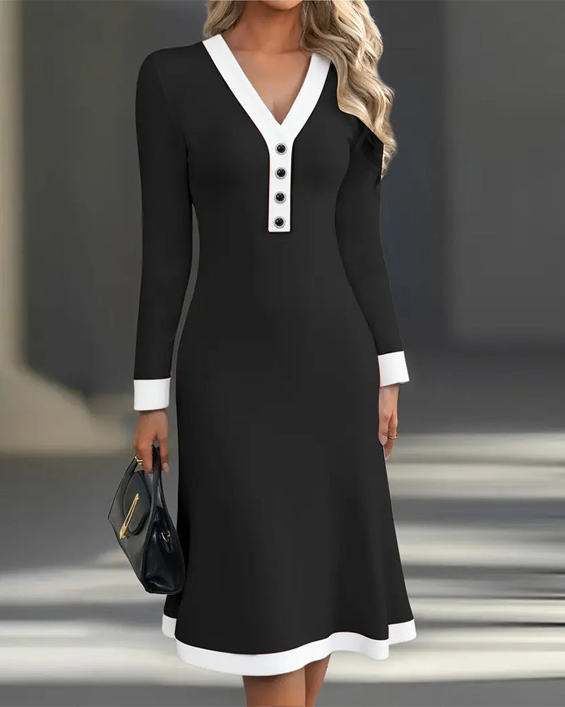 Women's Long-Sleeve Dress with V-Neck and Button Details