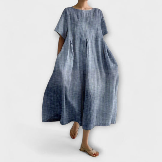 Women's Midi Dress with Pleated Waist and Side Pockets