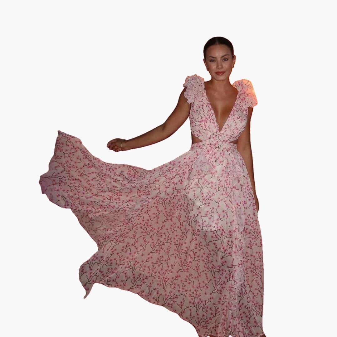 Women Maxi Dress with V-Neck and Open-Back Design