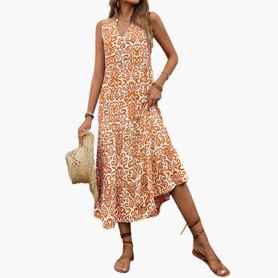 Women's Midi Dress with V-Neck and Abstract Floral Print