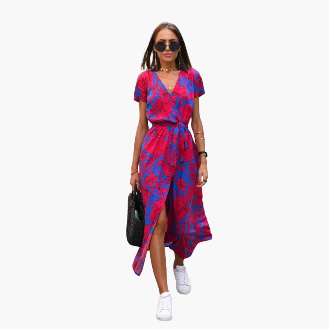 Women's Floral Midi Dress with Wrap Design and Tie Waist