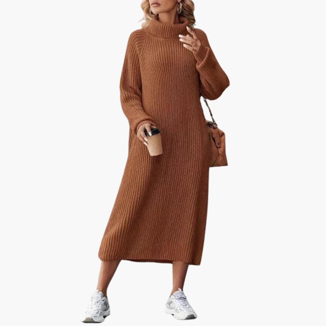 Women's Midi Dress with Turtleneck and Side Slits