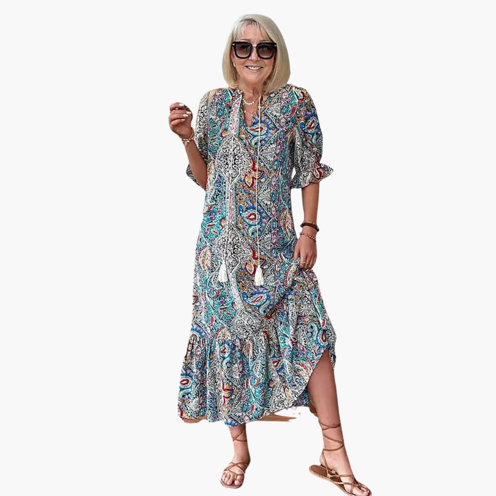 Women's Boho Midi Dress with Half Sleeves and Paisley Print