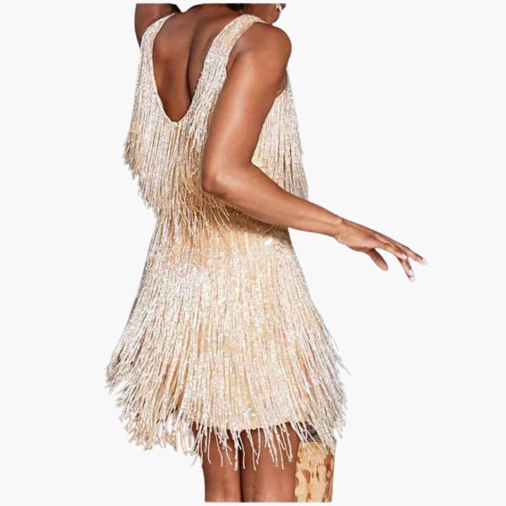 Women’s mini dress with spaghetti straps and fringe detailing