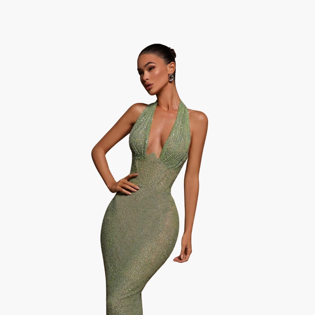 Women’s evening gown with halter neckline and backless design