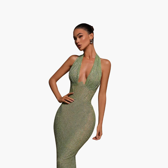Women’s evening gown with halter neckline and backless design