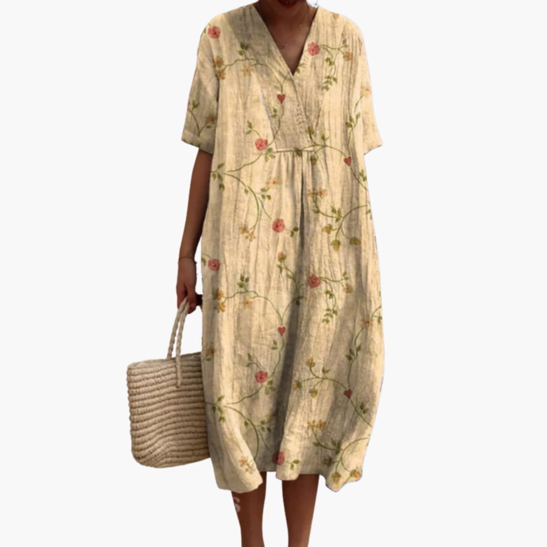 Women's Floral Midi Dress with V-Neck and Short Sleeves