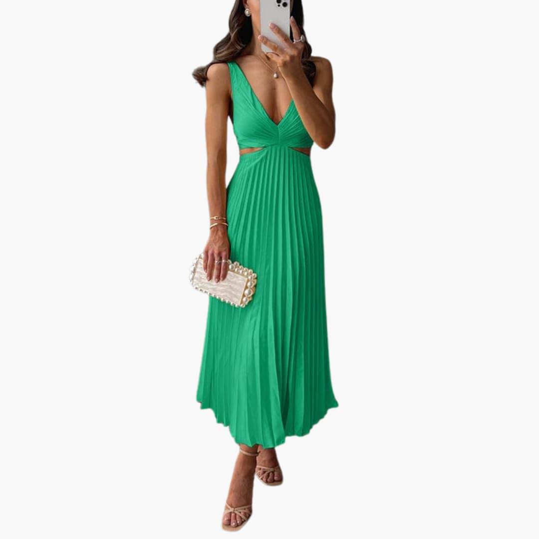 Women’s Midi Dress with Pleated Neckline and Structured Waist