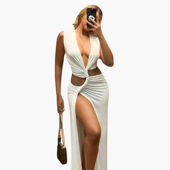 Women's High-Slit Maxi Dress with V-Neck and Cut-Out Detail