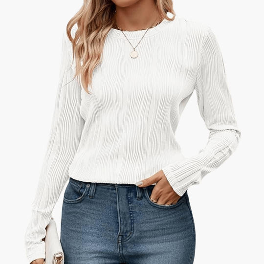 Women's Ribbed Long Sleeve Top with Round Neckline and Fitted Fit