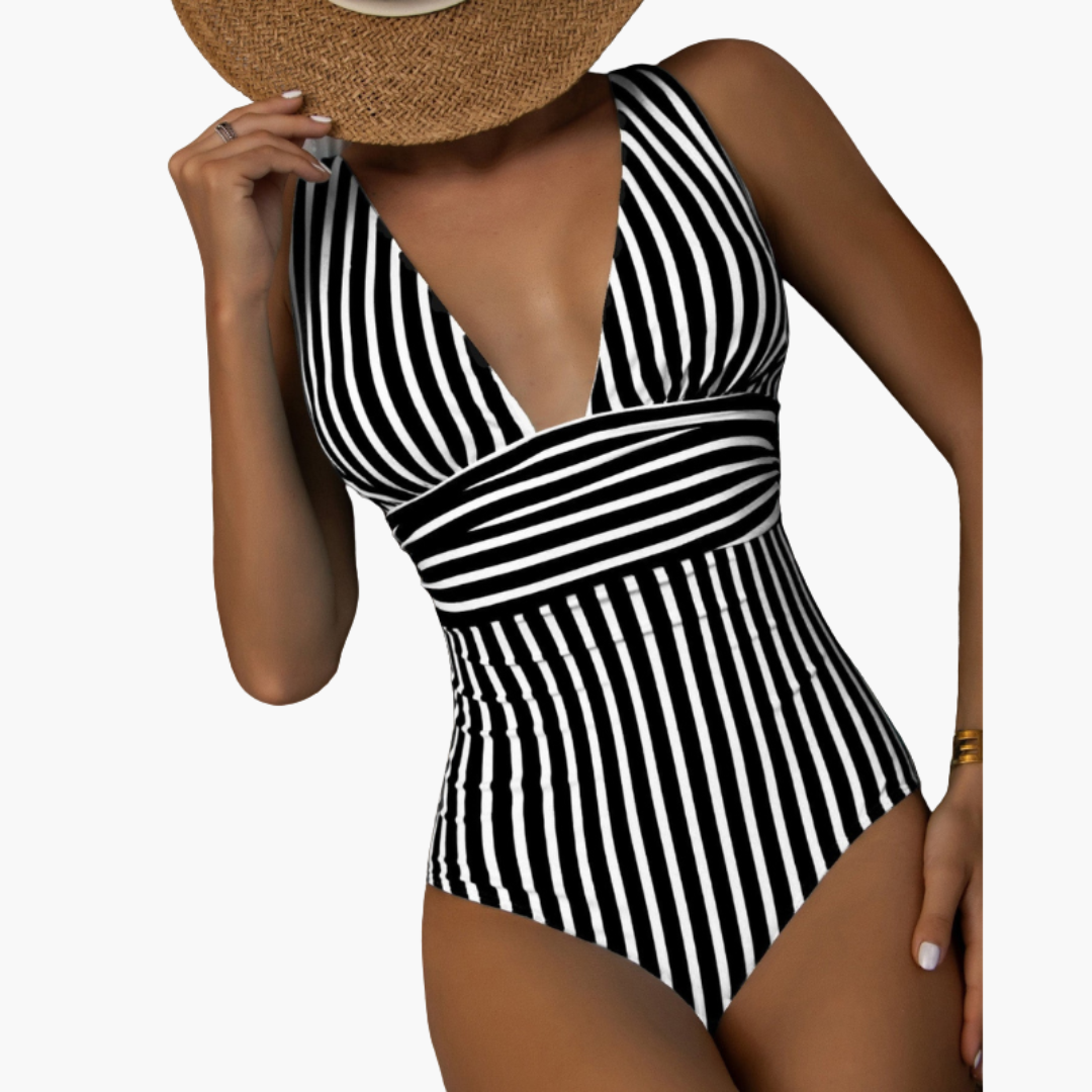 Women’s One - Piece Swimsuit with Striped Pattern and Integrated Shaping Panel