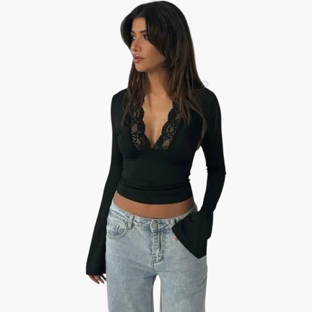 Women's Lace Flare Top with V-Neckline and Semi-Cropped Hem