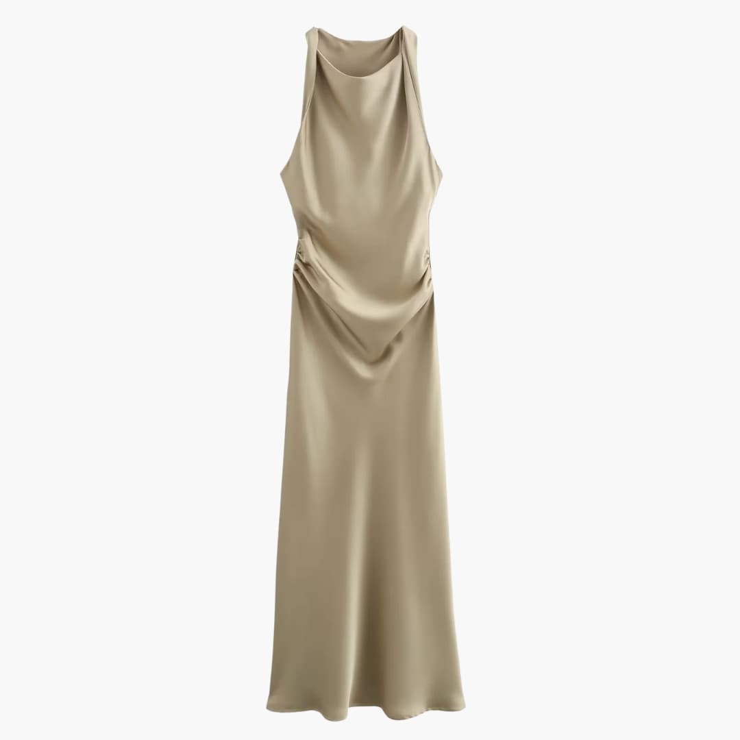 Women’s Satin Cowl Neck Midi Dress with Ruched Waist