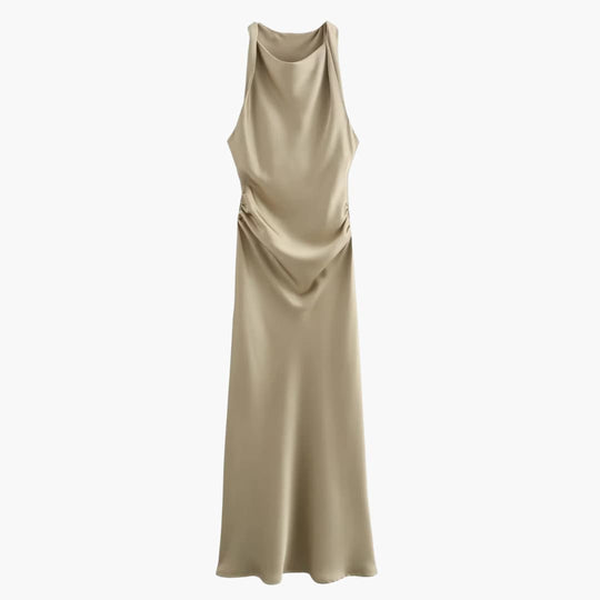 Women’s Satin Cowl Neck Midi Dress with Ruched Waist