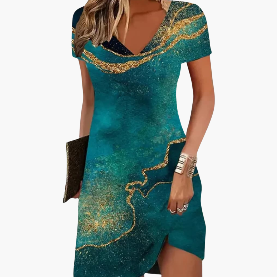 Women’s Short Dress with V Neckline and Asymmetric Hem