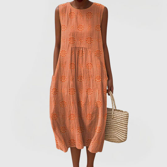 Women's Elegant Dress with Pockets and Floral Embroidery
