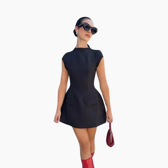 Women’s Structured Mini Dress with Cap Sleeves and Flared Skirt