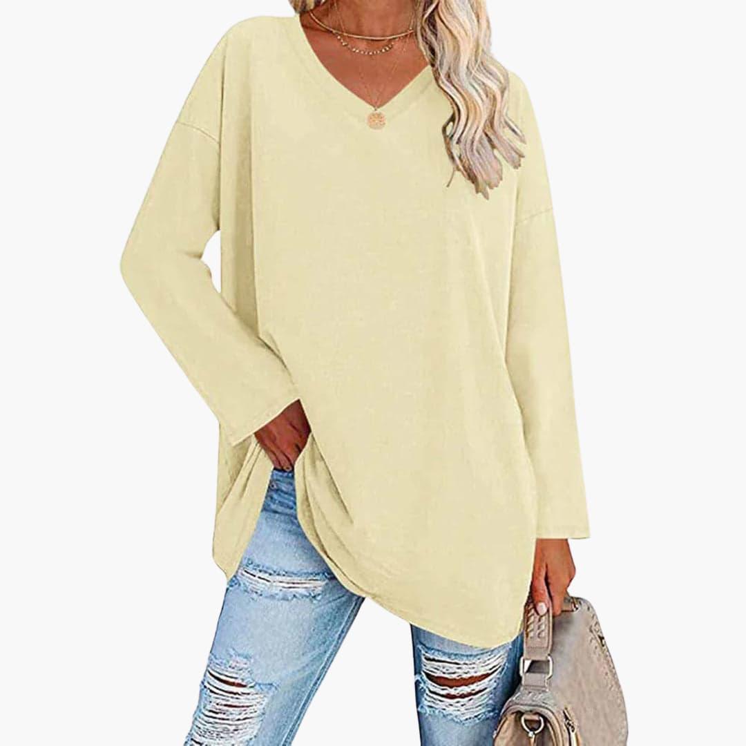 Women's V-Neck Blouse with Long Sleeves and Relaxed Fit
