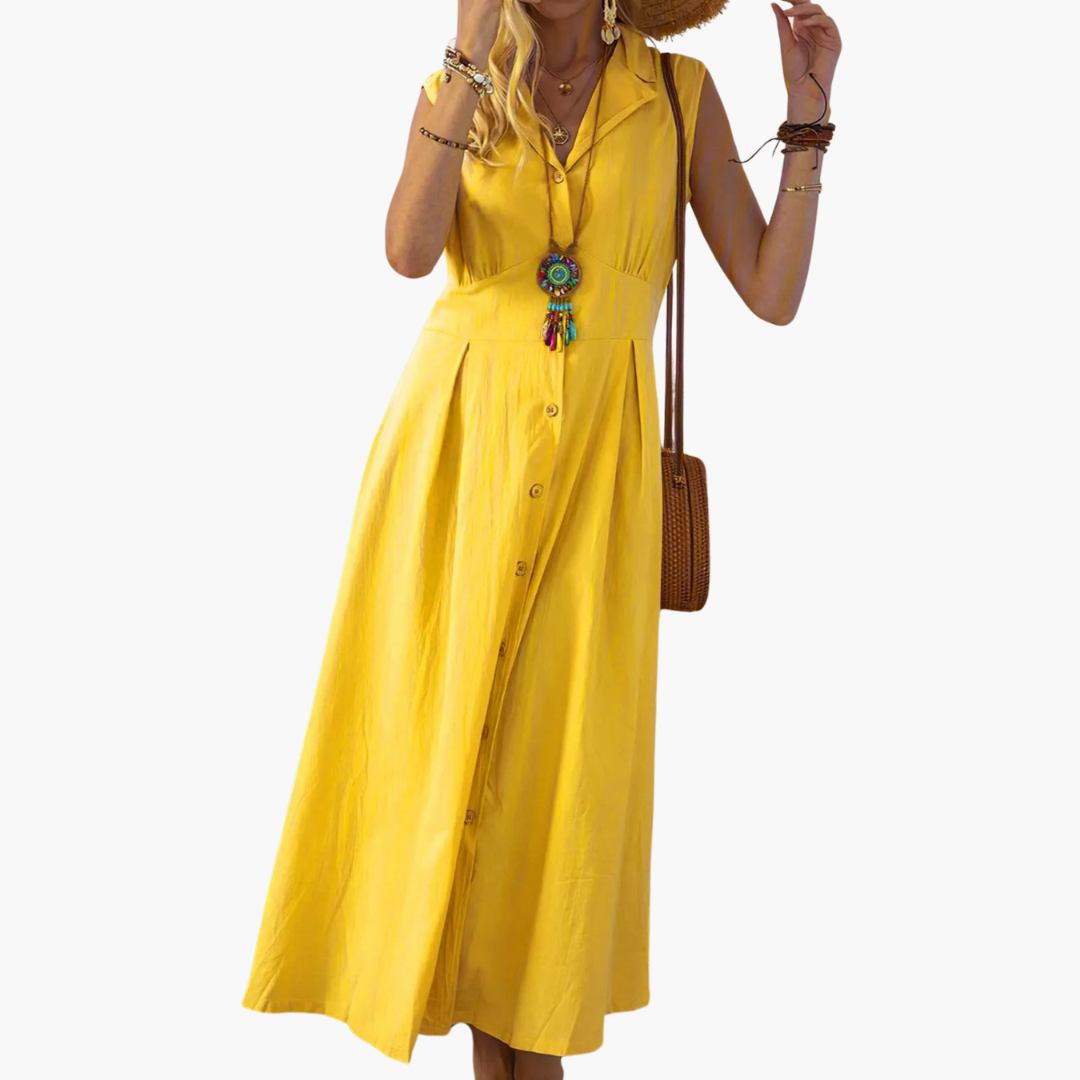 Button-Down Collared Midi Dress – Women's V-Neck Summer Style - Made by Jessica