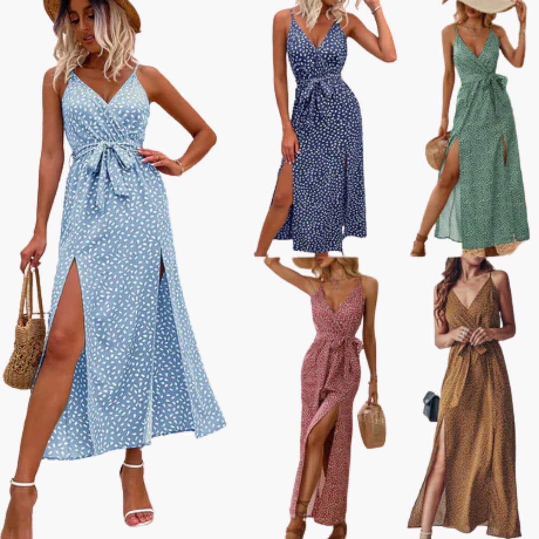 Women’s Long Beach Dress with V-Neckline and Tie Waist